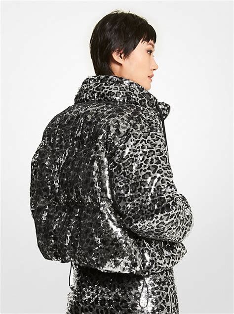 Leopard Sequined Cropped Puffer Jacket 